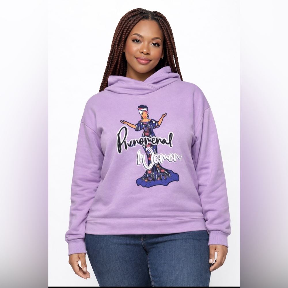 New Ladies Phenomenal Woman Graphic Purple Cross Neck Hoodie S, INDENT